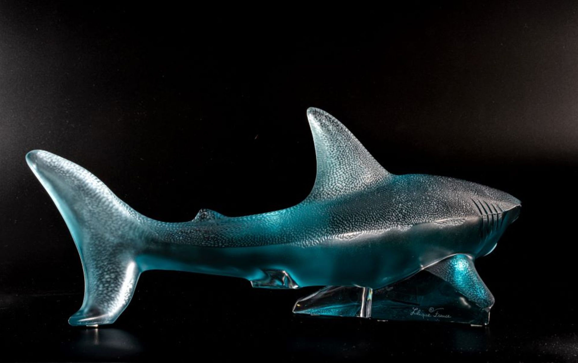 A LALIQUE Large Shark Sculpture in Persepolis Blue Crystal. Product Code: 10673200. Hand Etched ' - Image 2 of 5