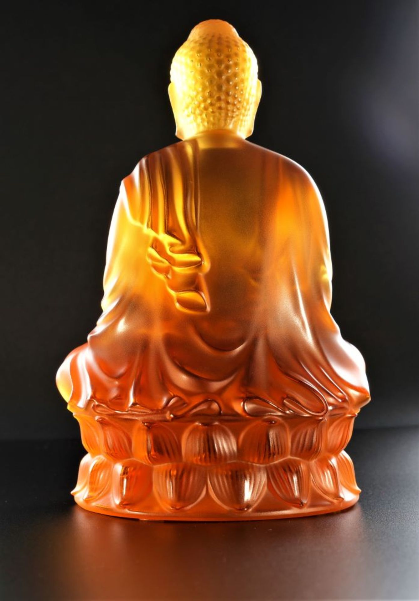A LALIQUE Small Buddha Sculpture in Re-Polished Amber Crystal with Satin Finish. Product Code: - Image 2 of 3