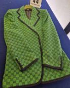 A GUCCI Green Blazer with Navy Blue Double G Monogram all over and Navy Blue Trim to Cuffs and