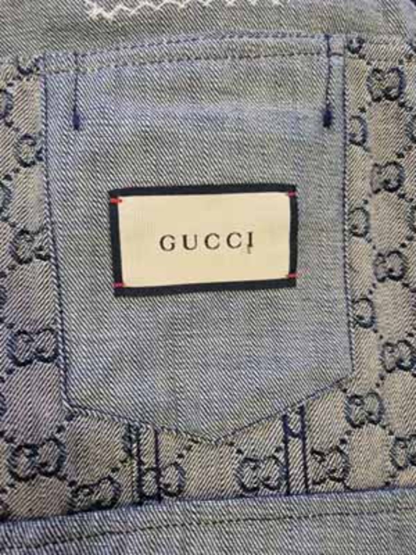 A GUCCI Denim Jacket with Double G Monogram over Three Quarters and Brown Leather Trim Cuffs and - Image 4 of 5