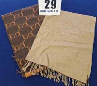 A Set of Two GUCCI Scarves:- - One Wool Scarf in Brown and Orange with Double G Monogram Pattern (