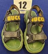 A Pair of GUCCI 2019 Aguru Hiking Sandals with Black Leather Velcro Straps and Grey Mesh Uppers