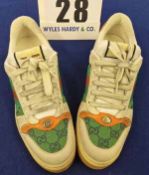 A Pair of GUCCI Men's Screener Cream Leather Trainers with Green Double G Monogram detailing to Toes