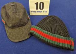 A GUCCI Black Canvas Cap with Black Embossed Double G Logo with Red and Green Stripe detailing, Size