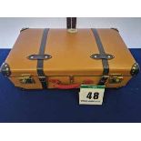 A GLOBE-TROTTER Centenary Medium Check-In Trunk Style Suitcase in Marmalade Orange Leather with Navy