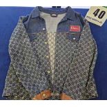 A GUCCI Denim Jacket with Double G Monogram over Three Quarters and Brown Leather Trim Cuffs and