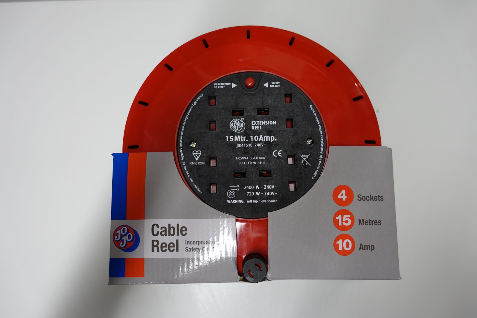 12 x JOJO JJR41510 10 Amp 15 Mtr 4 Socket Extension Reels with Safety Cut Out