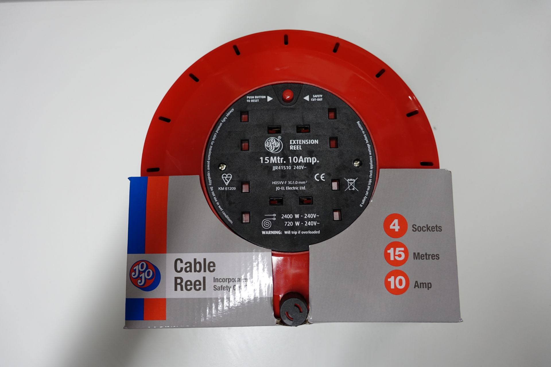 12 x JOJO JJR41510 10 Amp 15 Mtr 4 Socket Extension Reels with Safety Cut Out