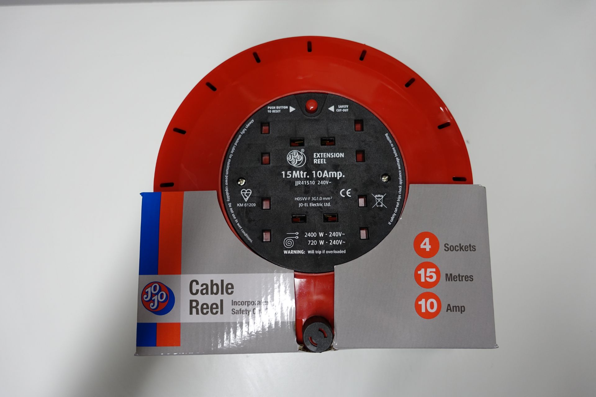 12 x JOJO JJR41510 10 Amp 15 Mtr 4 Socket Extension Reels with Safety Cut Out