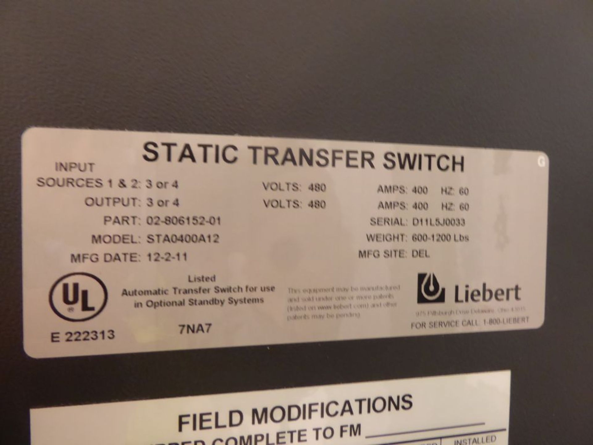 Spartanburg, SC - Liebert Static Transfer Switch - Image 8 of 12