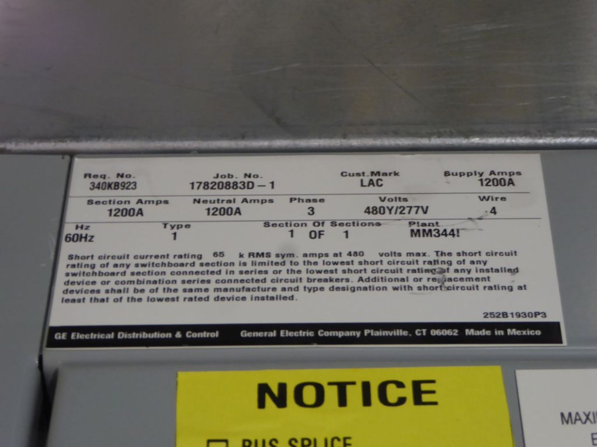 Charlotte, NC - GE 1200A Spectra Series Switchboard - Image 2 of 7