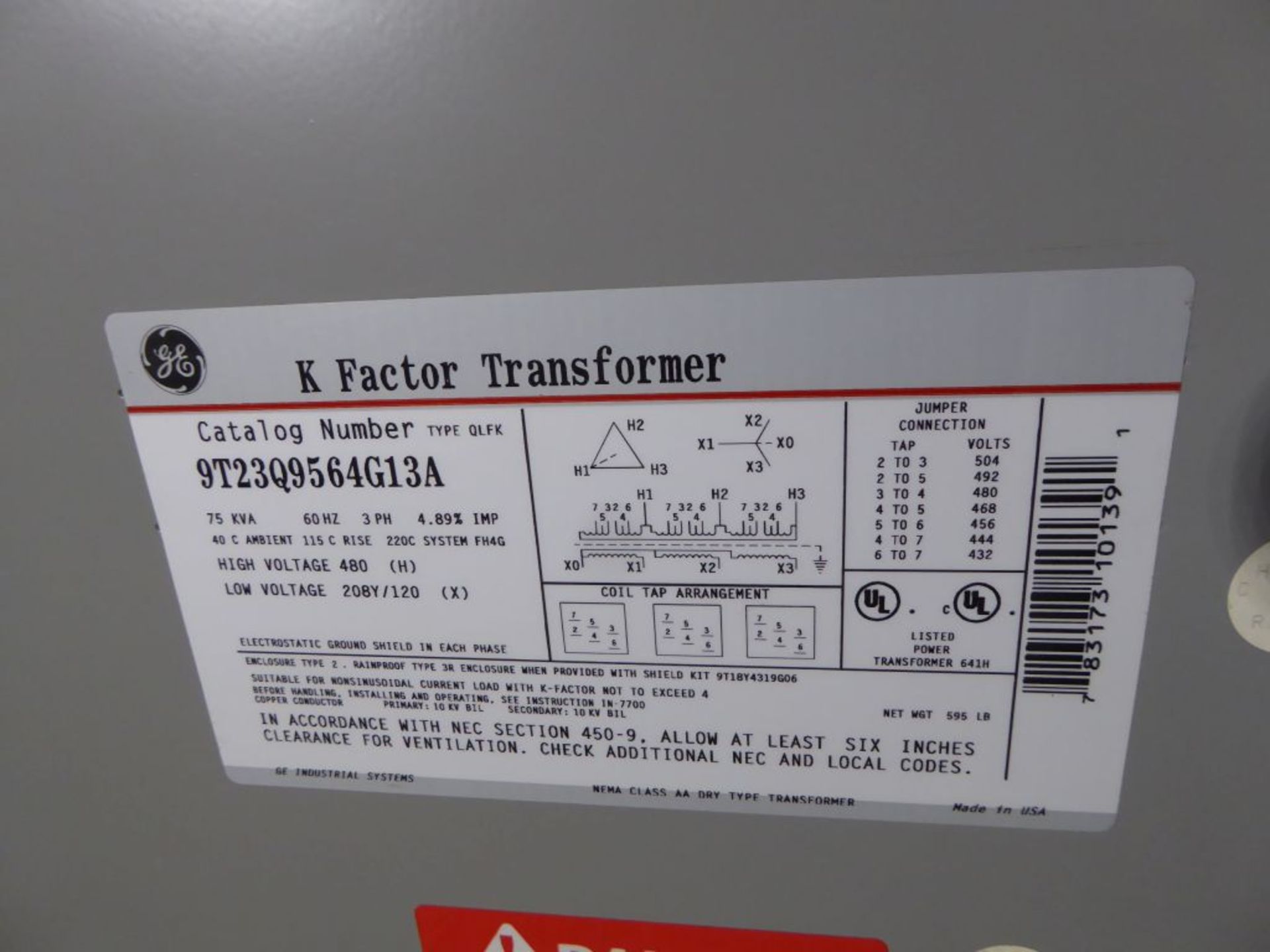 Spartanburg, SC - GE K Factor 75 KVA Transformer - Image 2 of 2