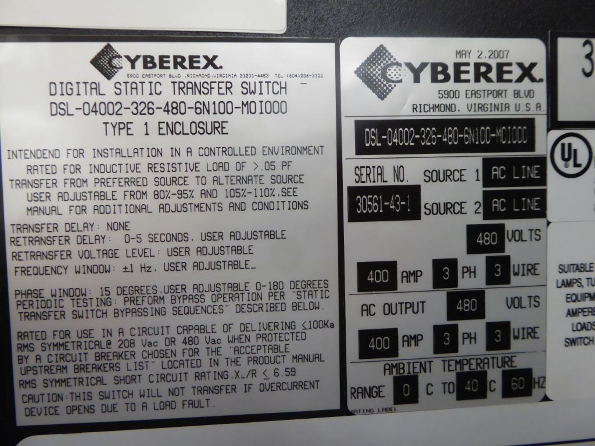 Spartanburg, SC - Cyberex Digital Static Transfer Switch with United Power Power Distribution Module - Image 5 of 10