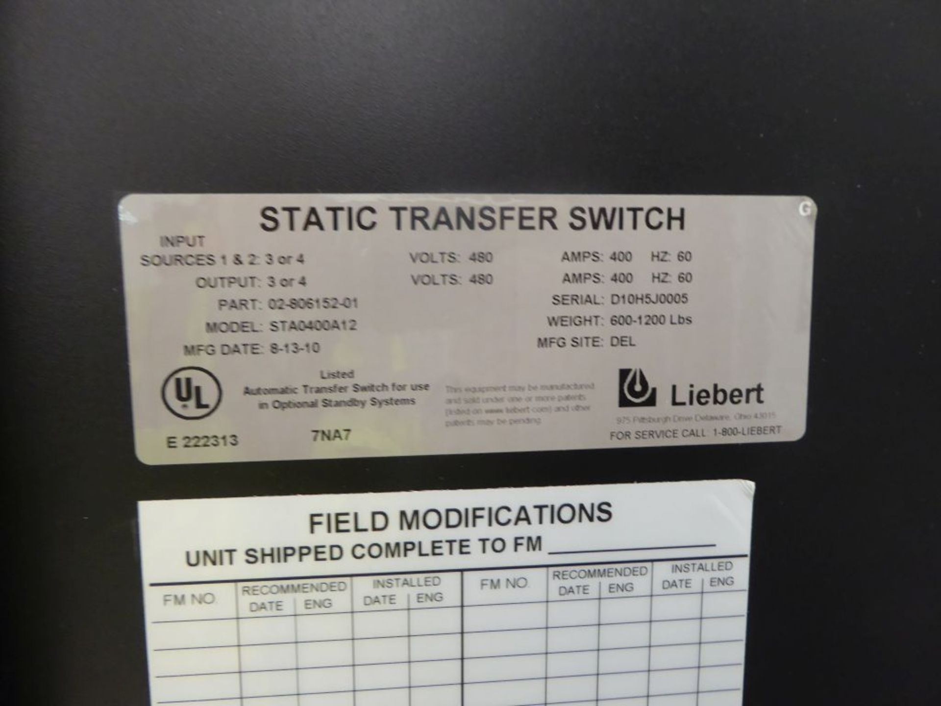 Spartanburg, SC - Liebert Static Transfer Switch - Image 3 of 7