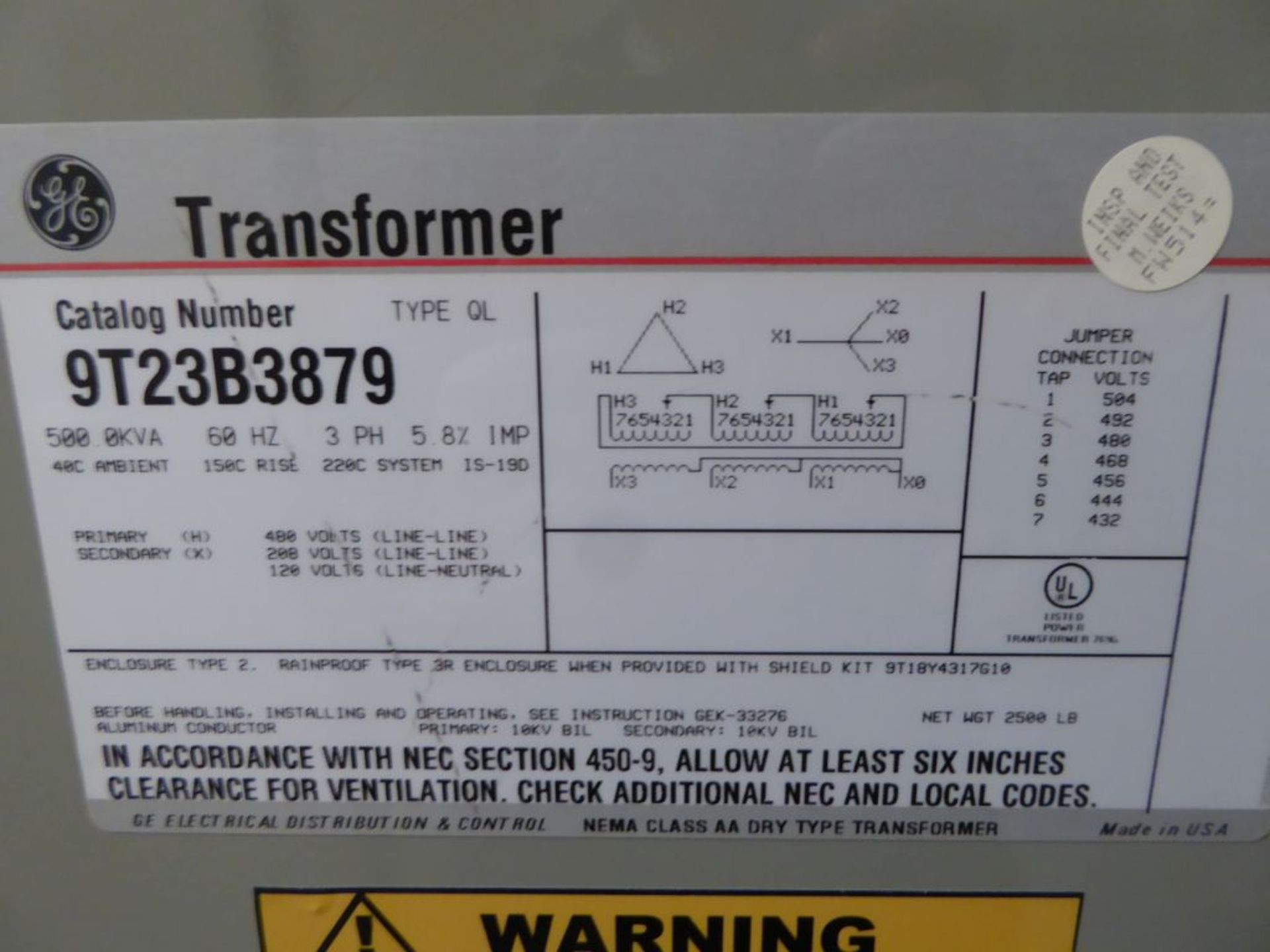Spartanburg, SC - GE 500 KVA Transformer - Image 3 of 4