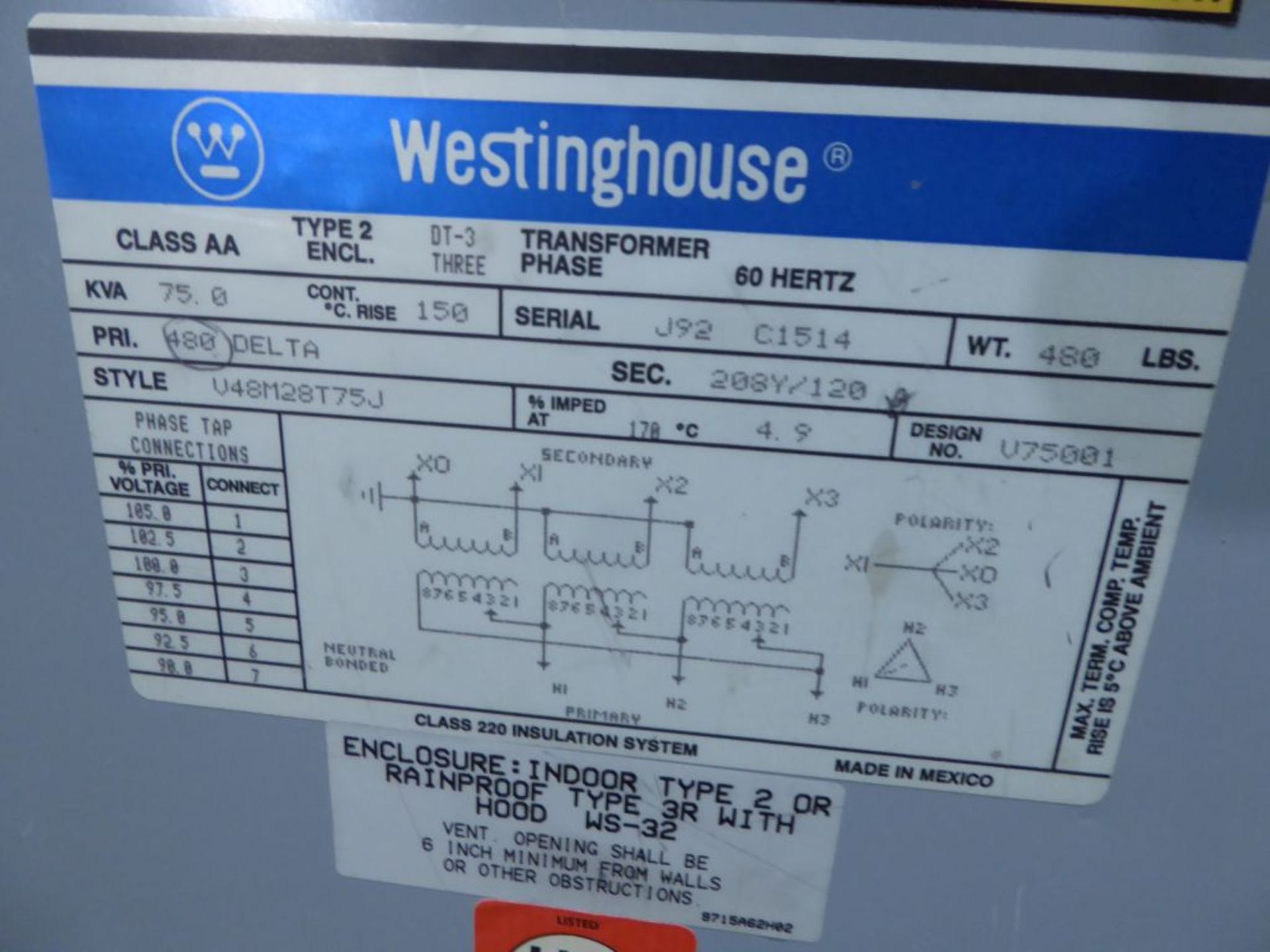 Spartanburg, SC - Westinghouse 75 KVA Transformer - Image 3 of 5