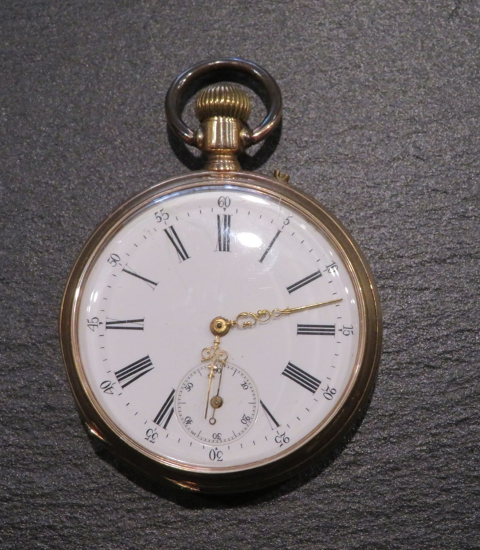 Taschenuhr, um 1900, Gehäuse Gelbgold 585/000, punziert, Innendeckel Metall, 68 g, Kronenaufzug, We