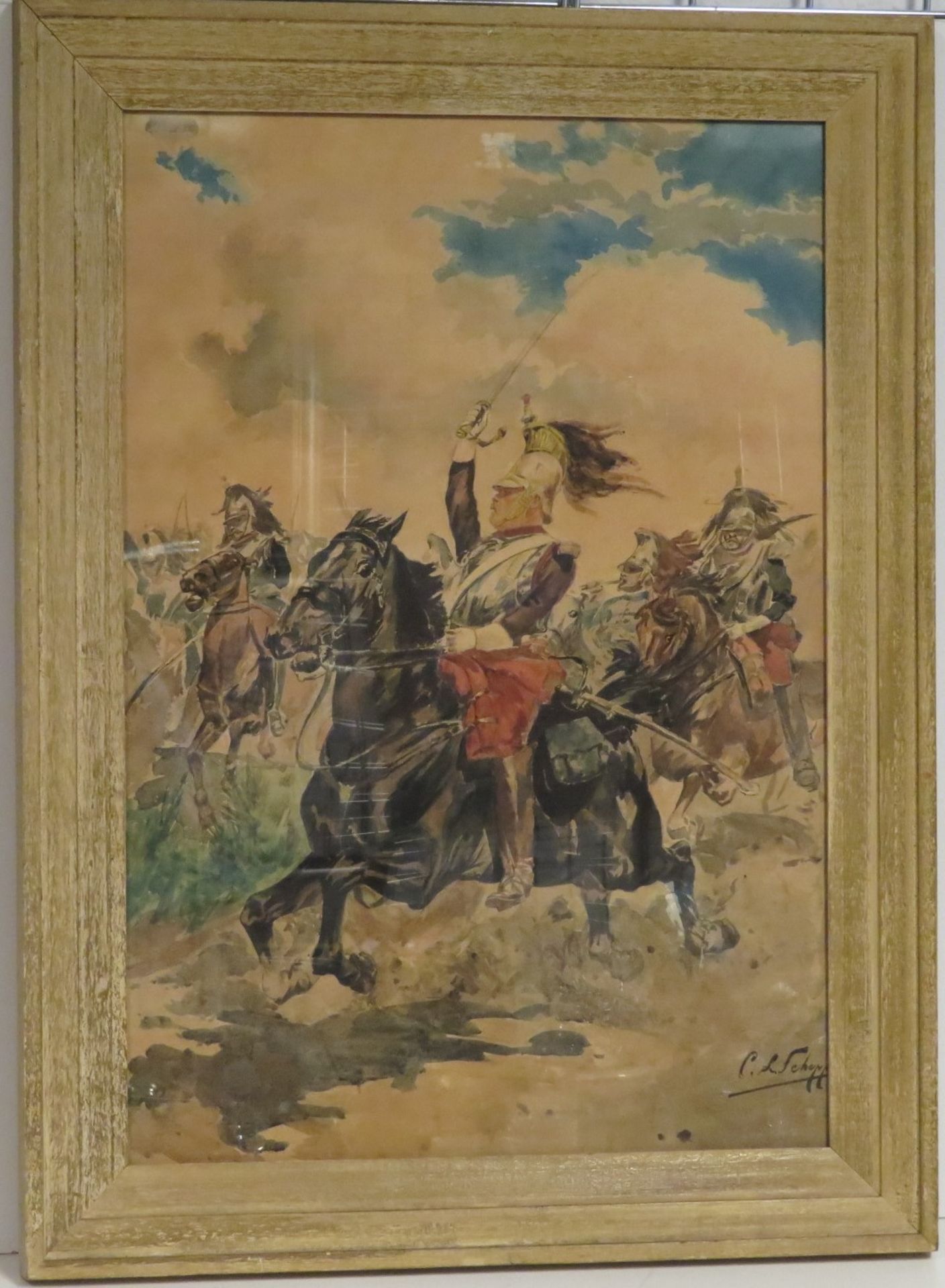 Schepp, C.L., um 1900, "Berittene Soldaten im Kampf", re.u.sign., Aquarell, 65 x 45 cm, R. [77 x 57 - Bild 2 aus 3