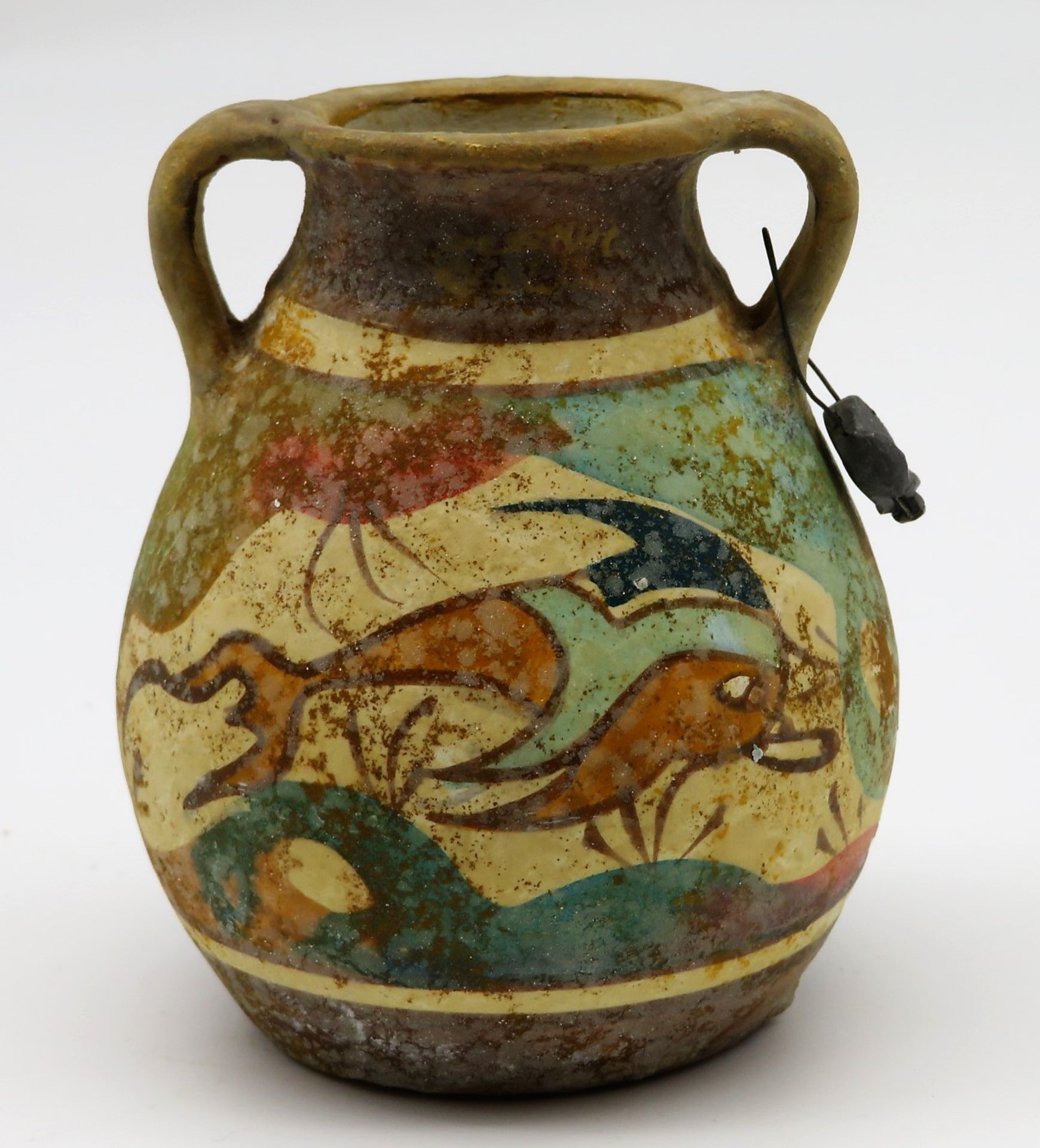 Vase mit 2 seitlichen Handhaben, Griechenland, Ton mit polychromer Bemalung, h 9 cm, d 8 cm.