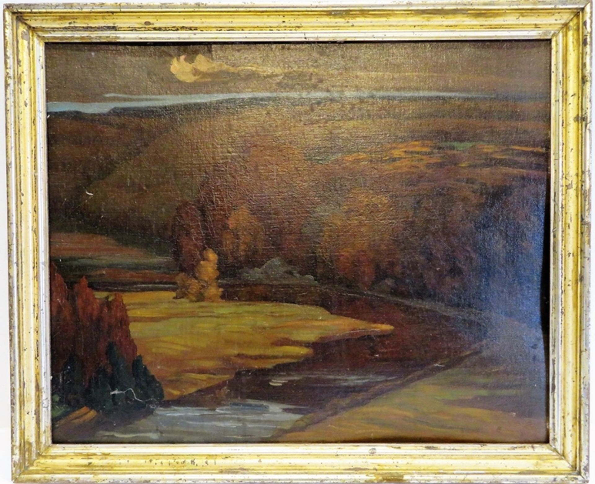 Unbekannt, "Weite Landschaft", Öl/Malerpappe, 47 x 58 cm, Waschgoldleiste [54 x 65,5 cm]