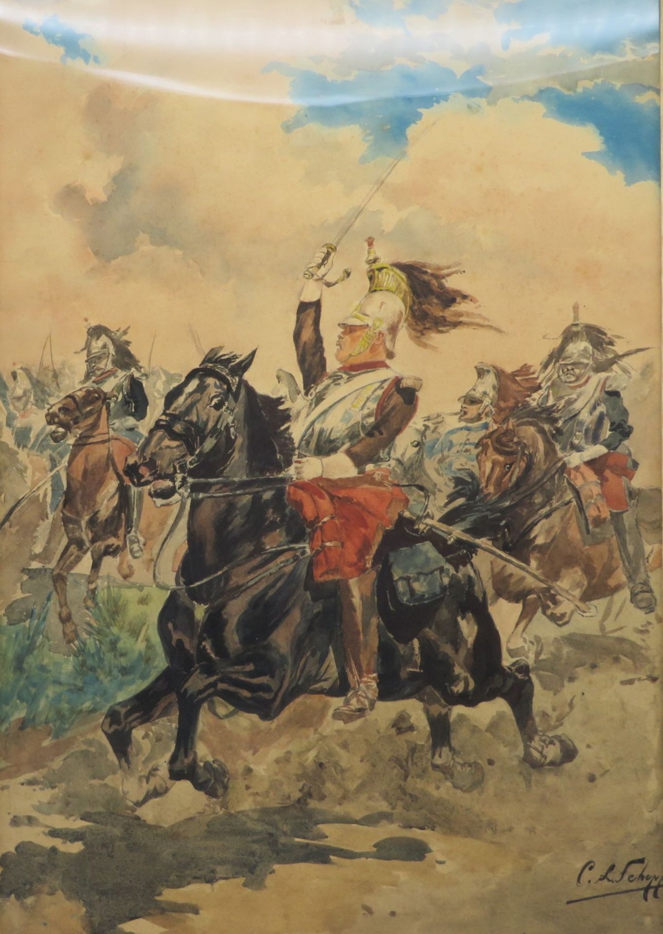 Schepp, C.L., um 1900, "Berittene Soldaten im Kampf", re.u.sign., Aquarell, 65 x 45 cm, R. [77 x 57