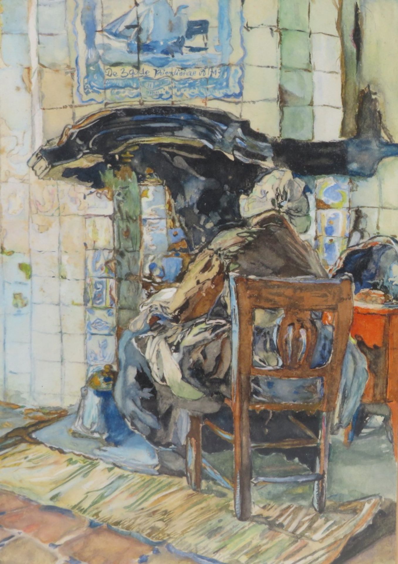 Um 1900, "Bäuerin am Kamin", re.u.unles.sign., Aquarell, 17,5 x 12 cm, R. [29 x 24,5 cm]