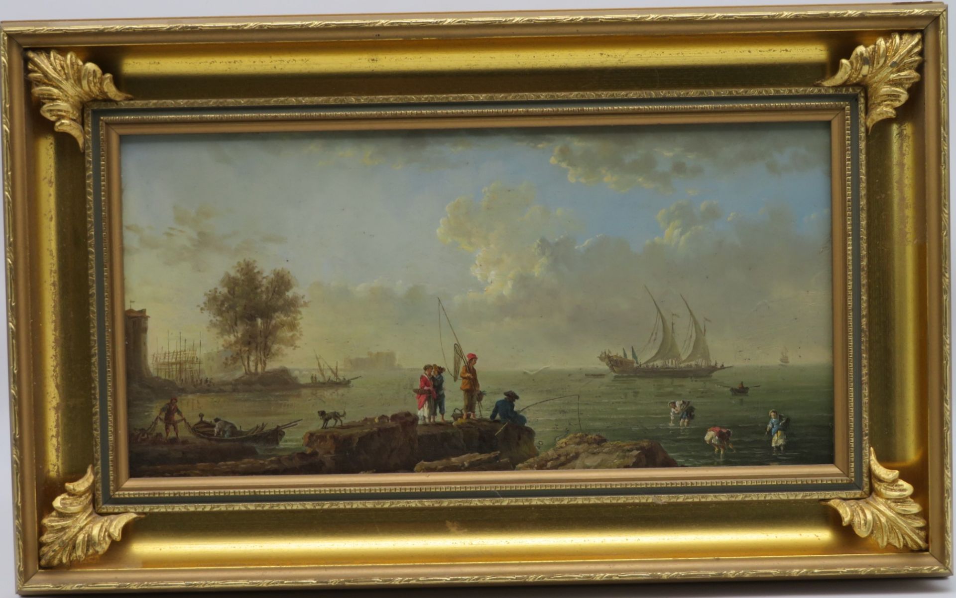 Italien, 1. Hälfte 20. Jahrhundert, "Küstenansicht mit Fischerbooten", Öl/Messing, 20 x 40,5 cm, R. - Image 2 of 2