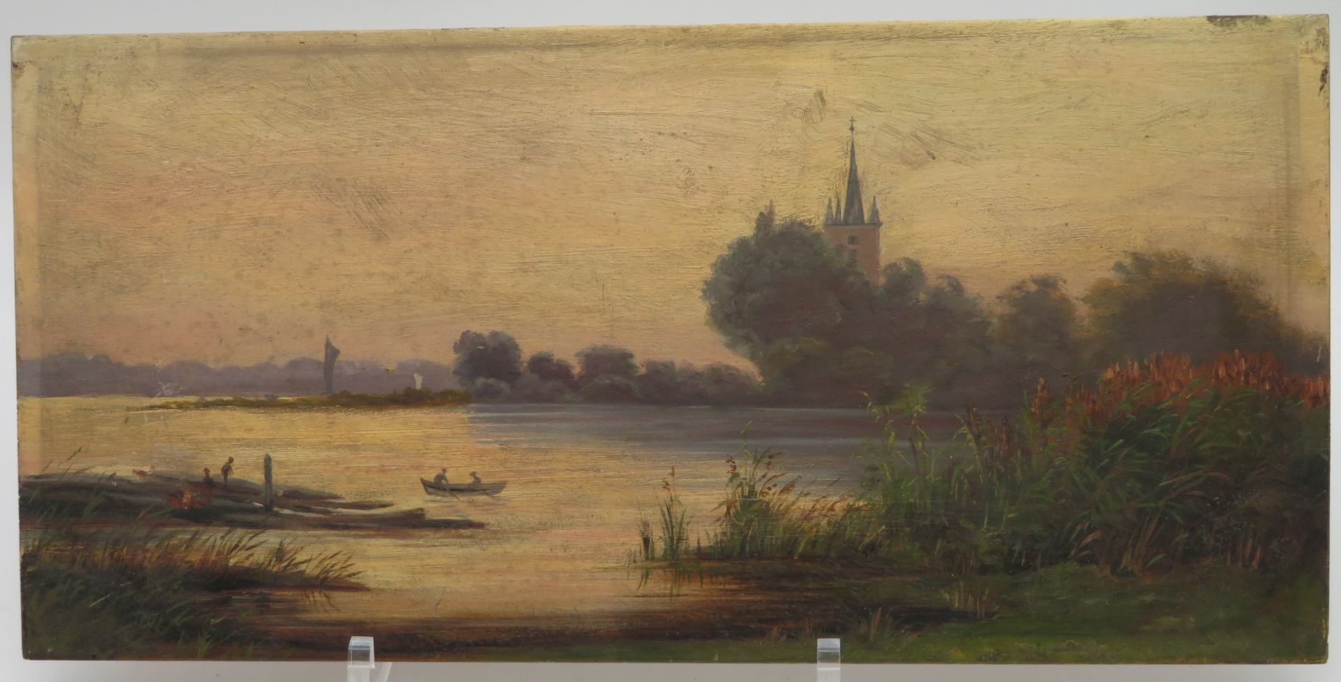 Unbekannt, um 1900, "Flusslandschaft", Öl/Holz, 17 x 35 cm o.R.