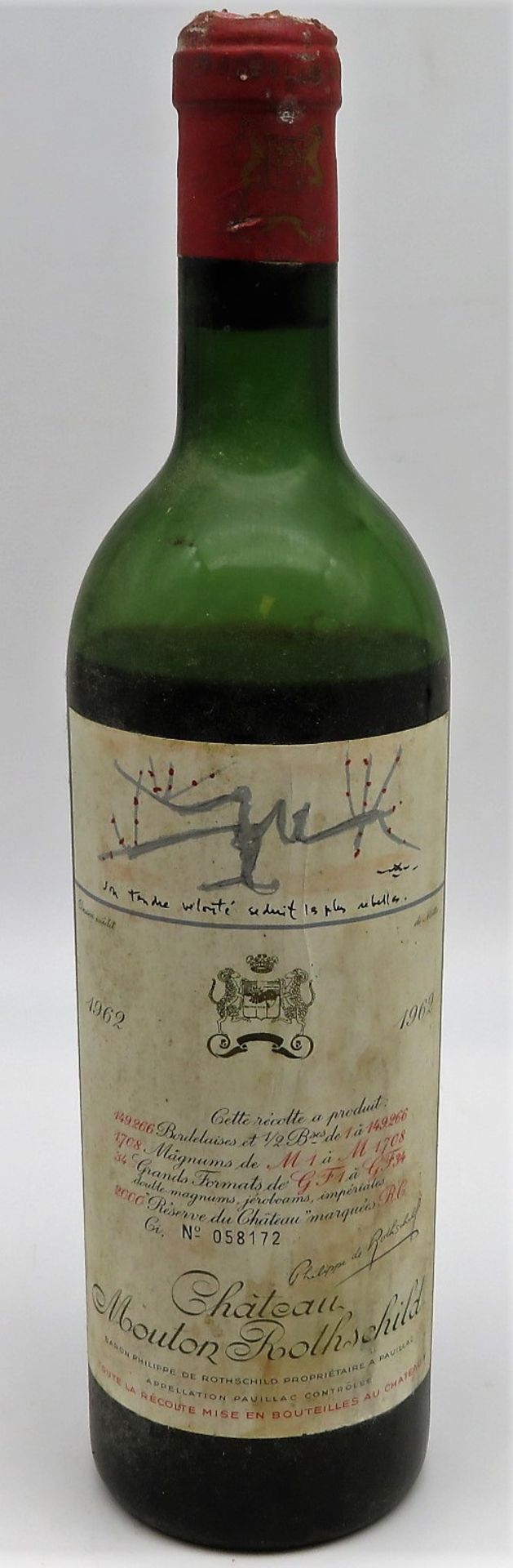 Flasche Rotwein, Chateau Mouton Rothschild, 1962, 1er Grand Cru Classé, No 058172.