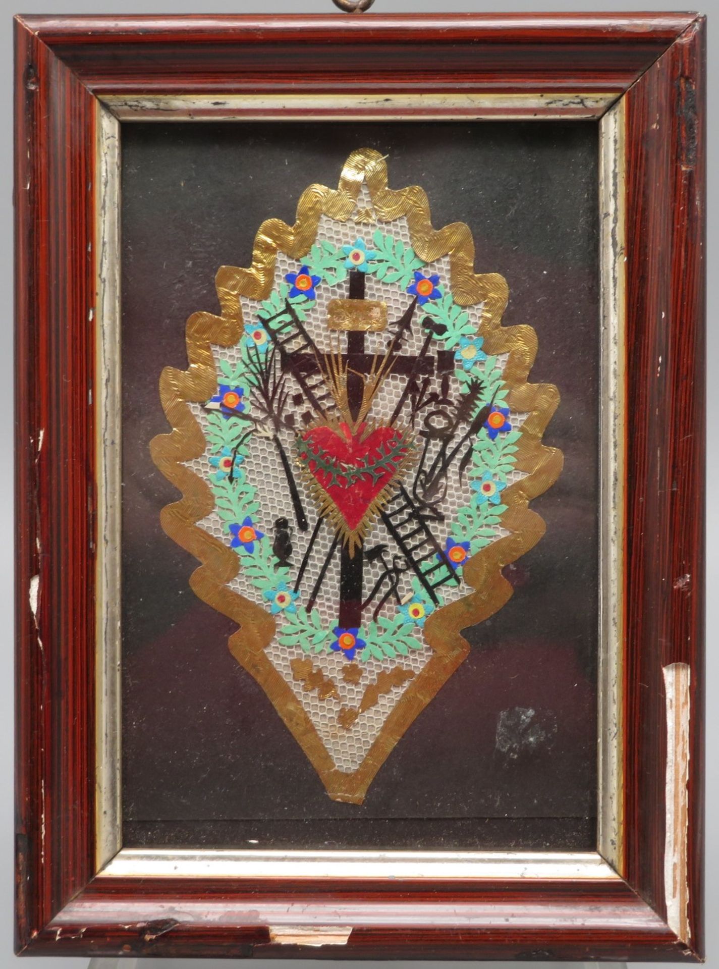Klosterarbeit im Rahmen, 19. Jahrhundert, "Herz Jesu", 19 x 14 cm.