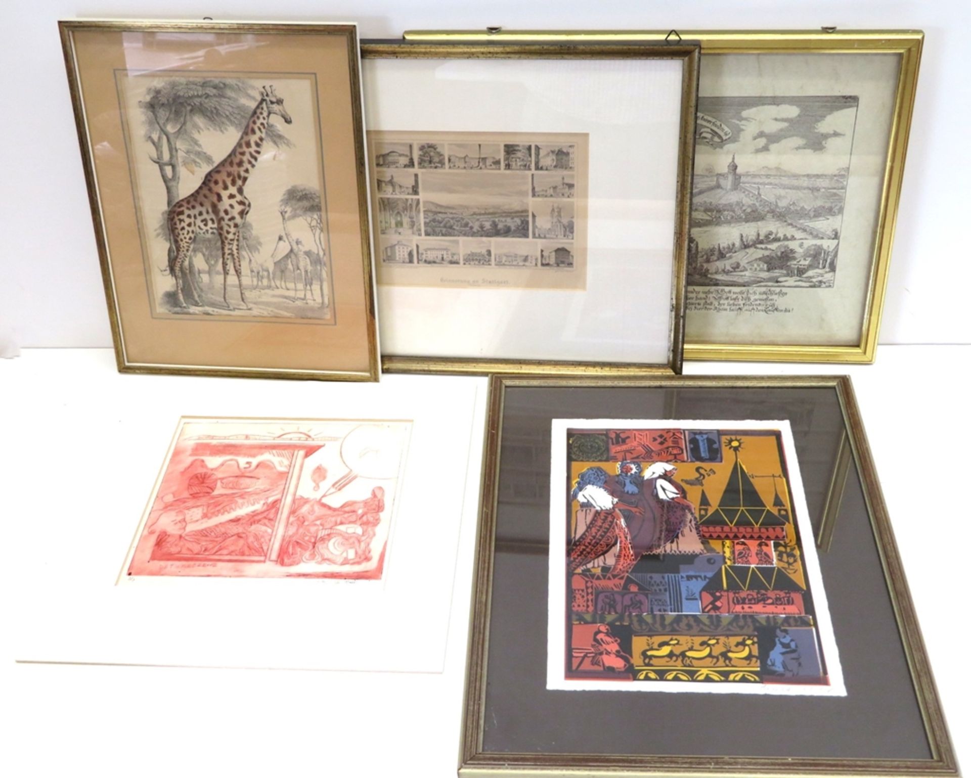 5 teiliges Konvolut diverser Stiche verschiedener Künstler, ca. 34 x 30 cm, R.