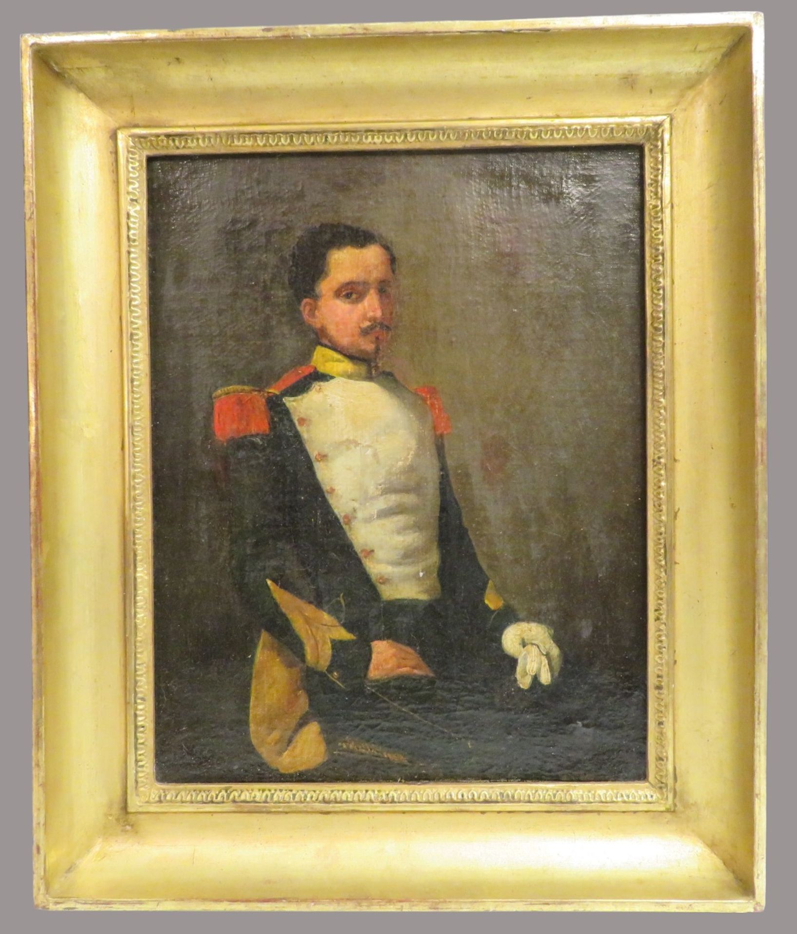 Frankreich, 1. Hälfte 19. Jahrhundert, "Porträt eines napoleonischen Offiziers", Öl/Leinwand, 40 x - Image 2 of 4