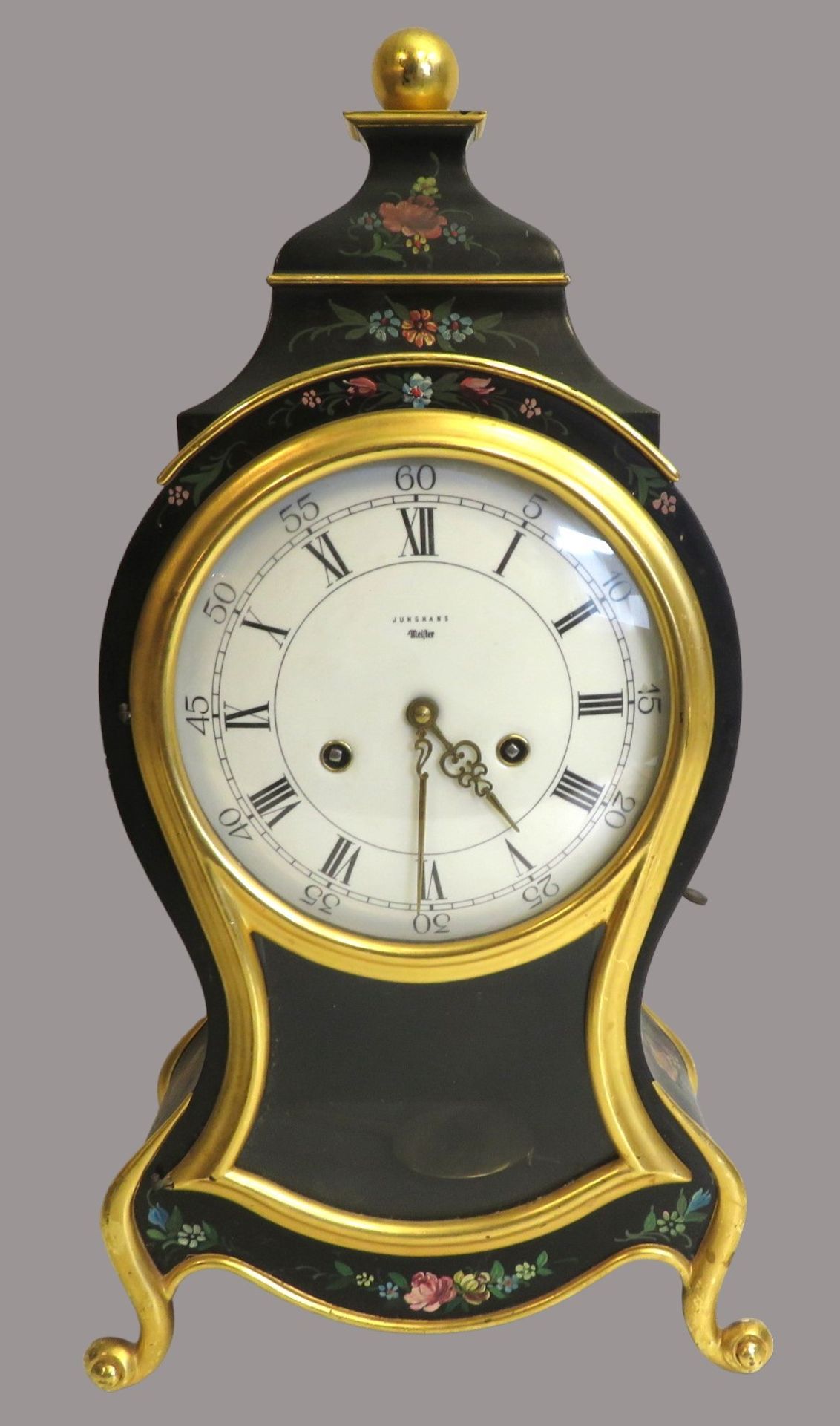 Neuenburger Uhr auf Wandkonsole, Junghans Meister, Gehäuse Holz mit polychromer Bemalung auf schwar