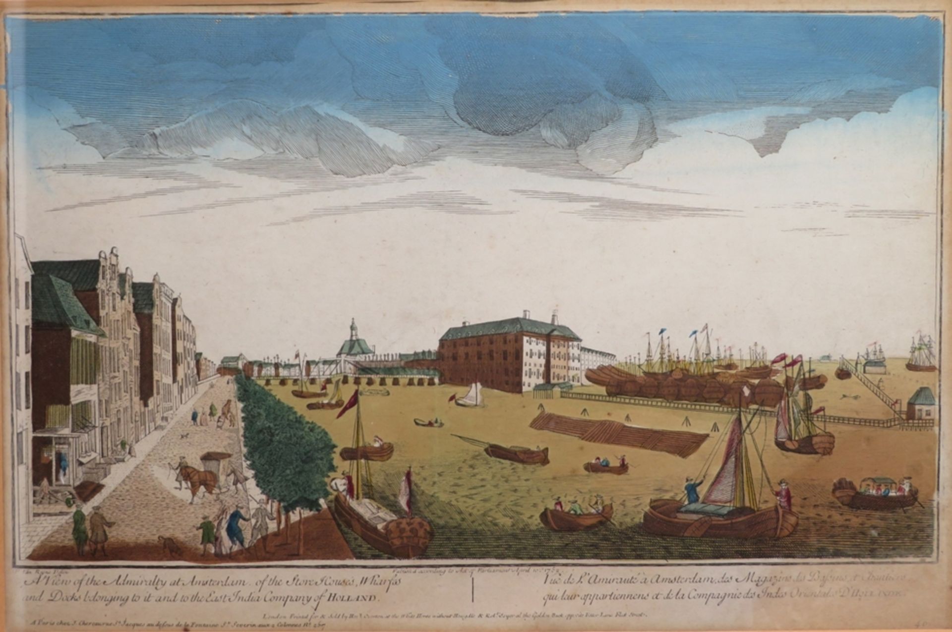 Kupferstich, 18. Jahrhundert, "Ansicht von Amsterdam", altcol., 27 x 40 cm, R. (besch.) [43 x 55 cm