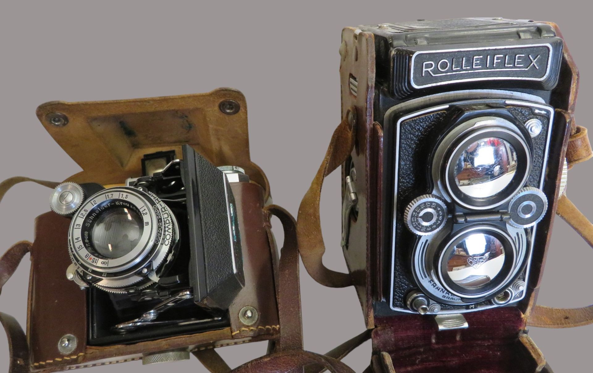 Kamera, Rolleiflex, Franke & Heidecke Braunschweig, Lederfutteral, Gebrauchsspuren, 15 x 10 x 11 cm