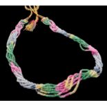 Traumhafte Halskette, Indien, 7 Stränge mit facettierten Rondelle von Smaragden, Saphiren, Rubinen