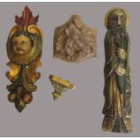 4 teiliges Konvolut diverser Schnitzereien, Heiliger, Putto sowie 2 Wandkonsolen, Holz geschnitzt,