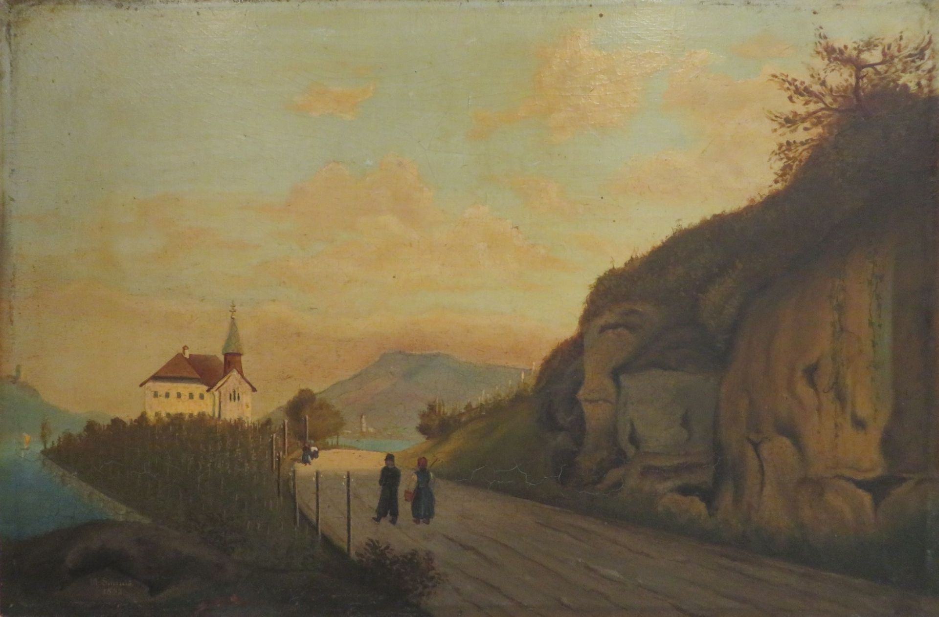 Schmid, M., 1882, "Alte Sipplinger Straße mit den Heidenhöhlen und Blick auf Sipplingen", li.u.sign