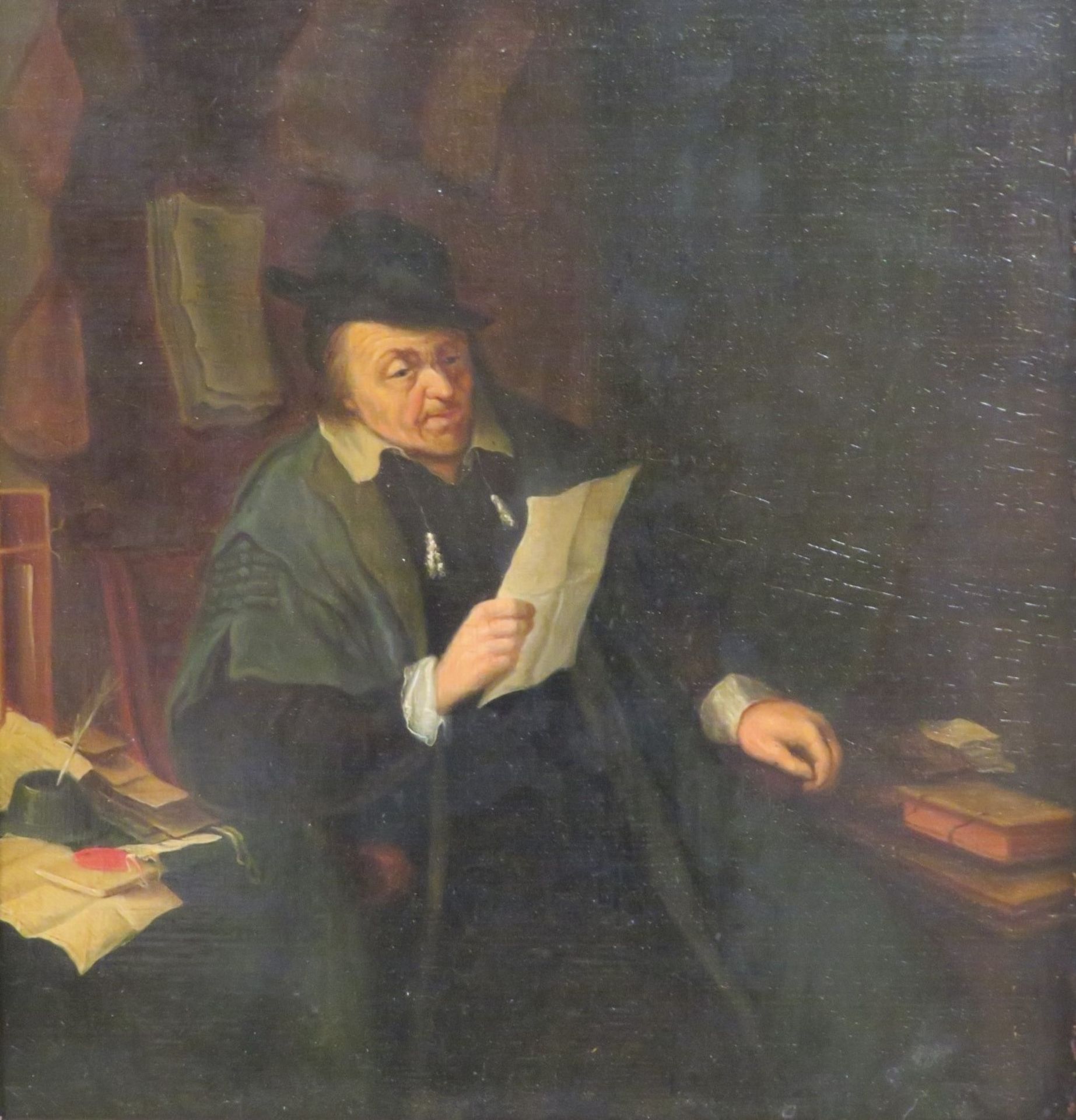 1. Hälfte 19. Jahrhundert, "Lesender mit Hut umgeben von Buch und Schriftstücken", Öl/Holz, 29 x 27