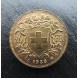 Goldmünzen, Schweiz, Vreneli, 20 Franken, 1935B, Gold 900/000, 6,45 g, d 2,1 cm.