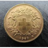 Goldmünzen, Schweiz, Vreneli, 20 Franken, 1947B, Gold 900/000, 6,45 g, d 2,1 cm.