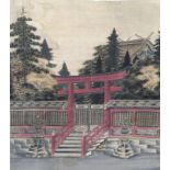 Japan, um 1900, "Gartenszene mit Torii", Malerei/Velours, 59 x 52 cm, o.R.