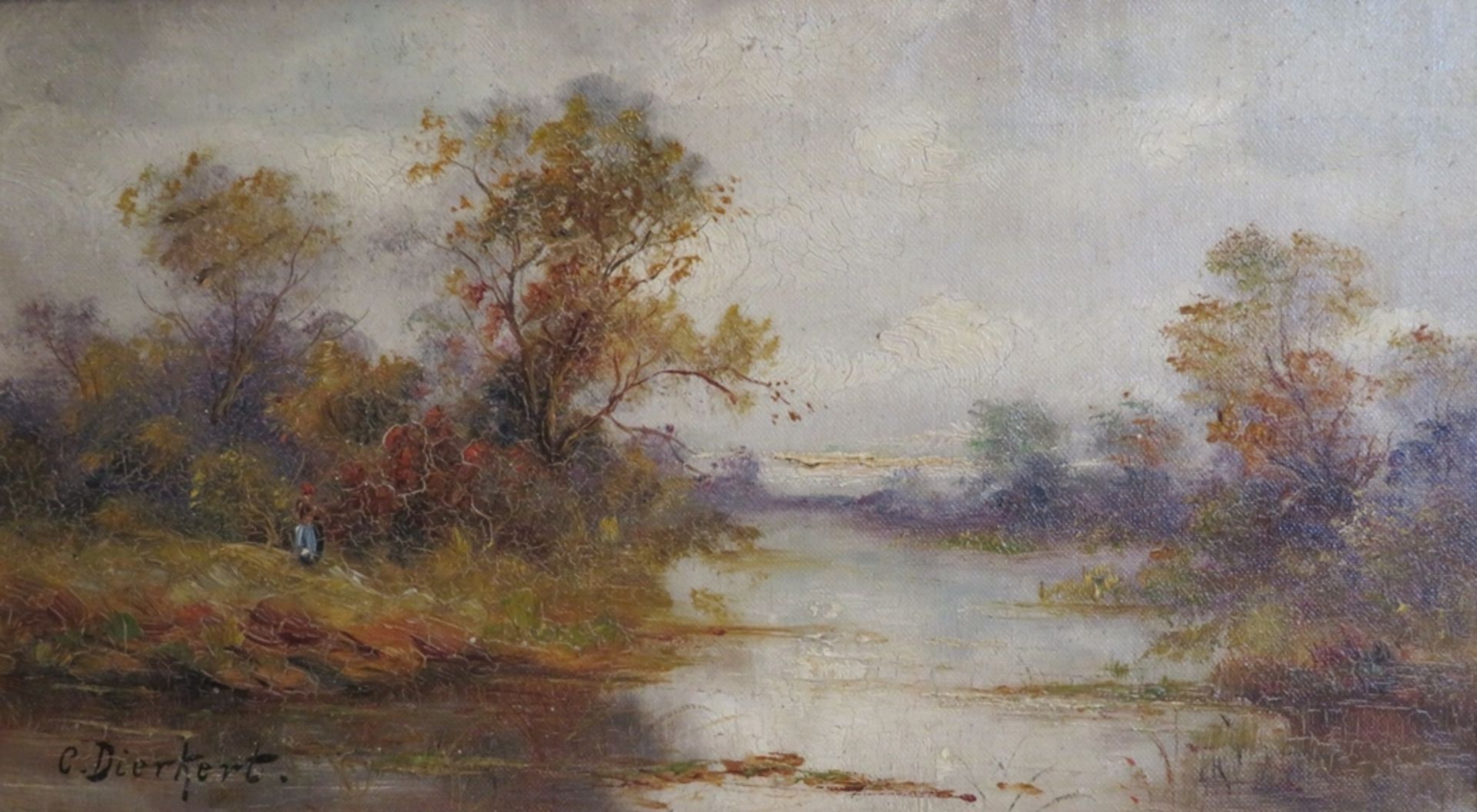 Dierkert, C., "Reisigsammlerin am Fluss", li.u.sign., Öl/Leinwand, 18,5 x 32 cm, R. [26 x 39,5 cm]