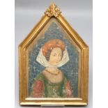 19. Jahrhundert, "Damenbildnis in mittelalterlicher Tracht", Gouache, Goldrähmchen [18 x 12,5 cm]