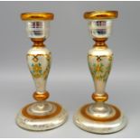 2 bäuerliche Kerzenleuchter, Biedermeier, um 1830/40, Bauernsilber mit feiner polychromer Bemalung,