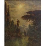 Unbekannt, um 1900, "Liebespaar im Park vor historisierender Landschaft", Öl/Holz, 18 x 14 cm, R. [
