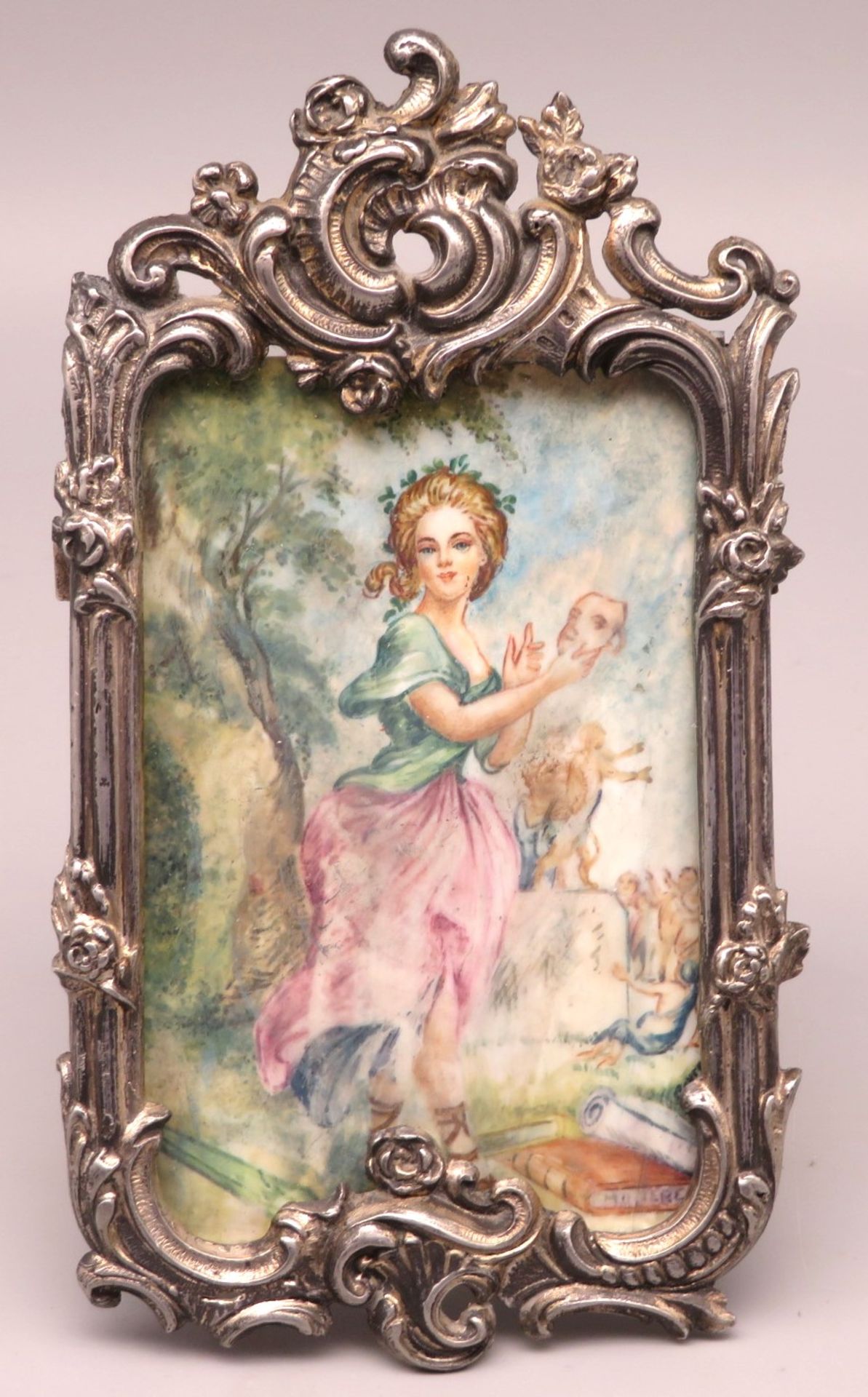 Miniaturmalerei, um 1900, "Mädchen mit Maske", unles.sign., 9 x 6 cm, Messingrähmchen versilbert [1