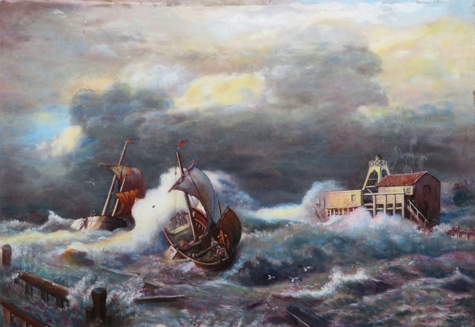 Monogrammist, FB, "Fischerboote in stürmischer See", Emailmalerei, 16 x 22 cm, o.R.