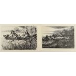 WEBER, A. Paul, 2 Arbeiten, "Das verlassene Dorf", "Jagdpause", Original-Lithografien, ca. 32 x 45,