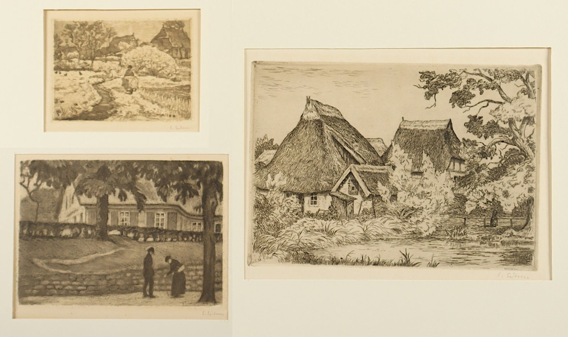 EITNER, Ernst, 3 Arbeiten: "Begegnung in Poppenbüttel" (1942), "Reifmorgen" und "Katen am Teich" (1